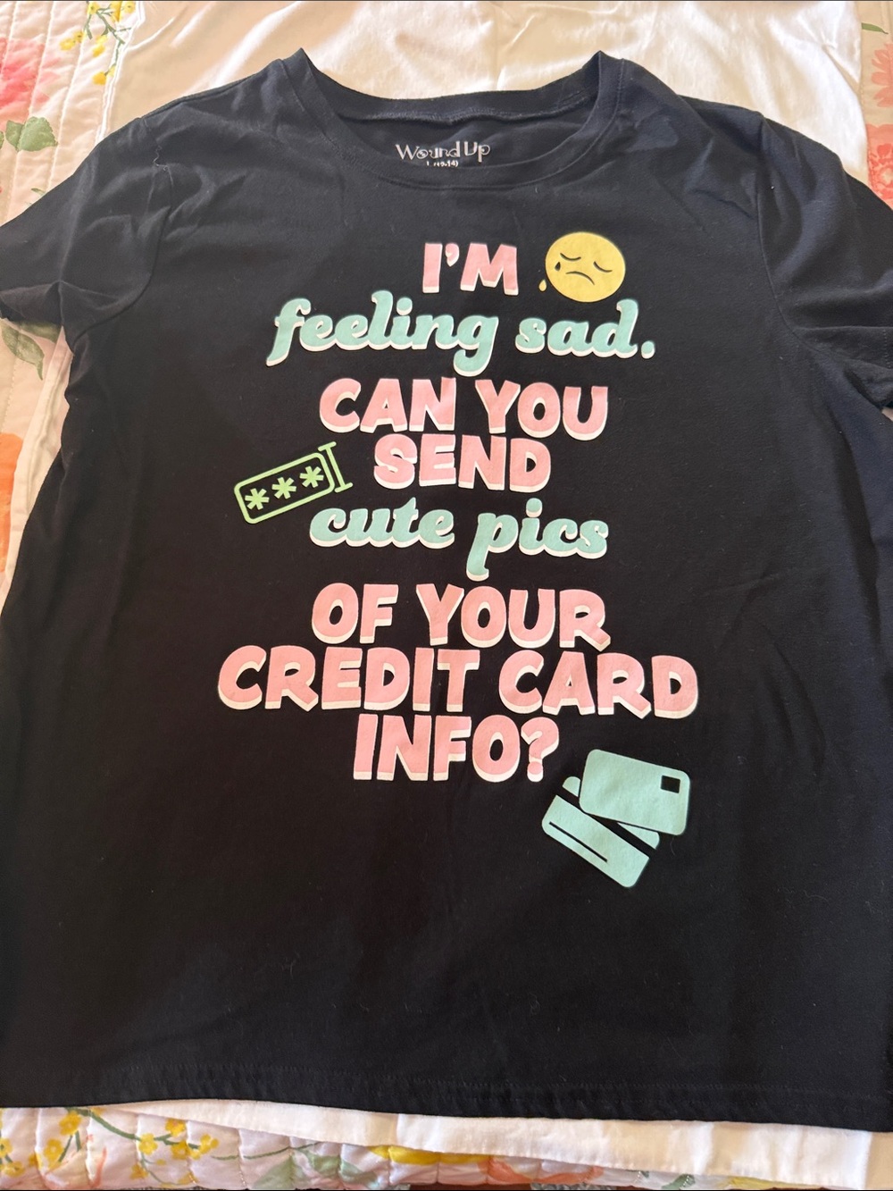 Women’s Wound Up Black Graphic Tee - Pink & Mint Text size large